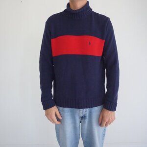 Polo Ralph Lauren Navy Red Stripe Cotton Knit Turtleneck Old Money Collegiate S
